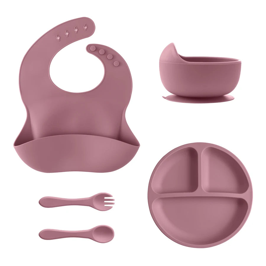 5 Pieces Baby Silicone Feeding Set- Round Dining Plate Sucker Bowl Dishes For Kids- Baby Waterproof Bib Spoon Children's Tableware - Check It