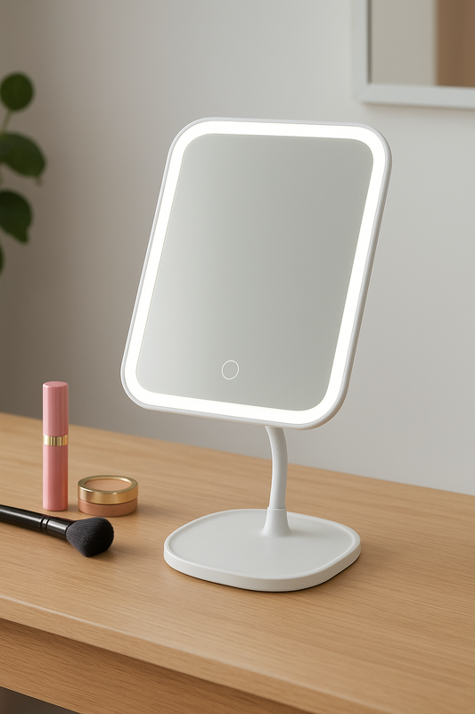 Modern desktop LED vanity makeup mirror with adjustable lighting for flawless makeup application