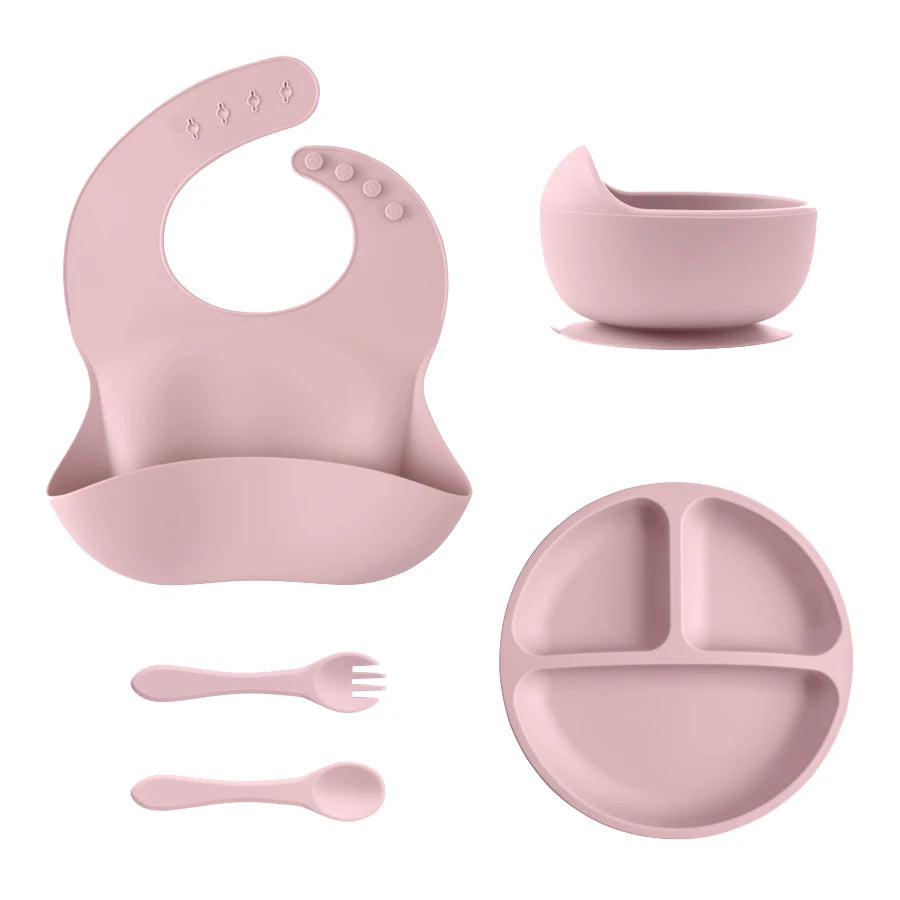 5 Pieces Baby Silicone Feeding Set- Round Dining Plate Sucker Bowl Dishes For Kids- Baby Waterproof Bib Spoon Children's Tableware - Check It
