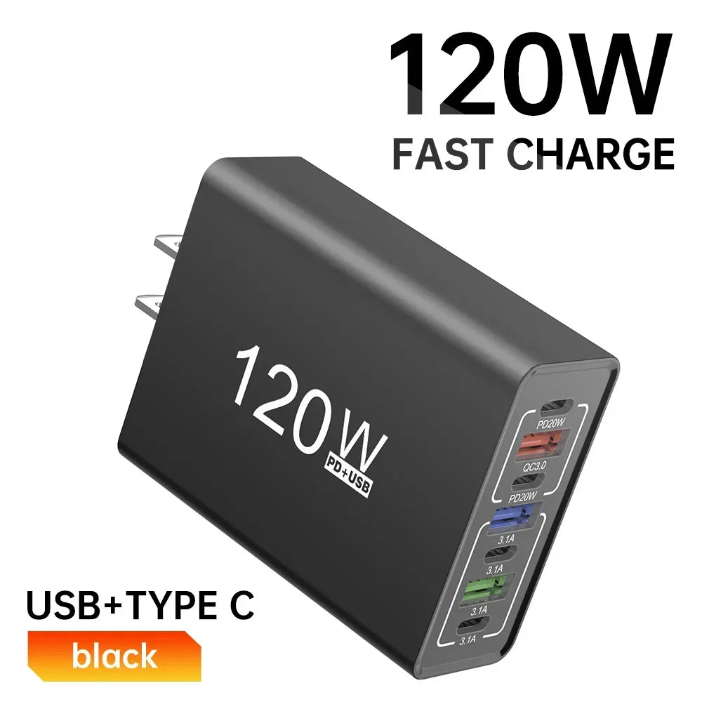 USB C Charger 120W Quick Charge 3.0 Multi Ports Fast Charging Type C Phone Wall Adapter For iPhone 16 Xiaomi Huawei EU/US Plug - Check It