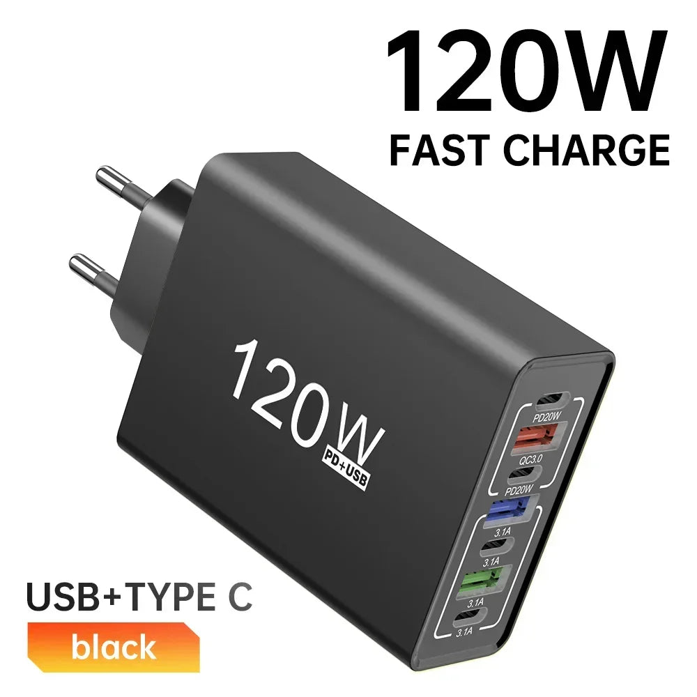 USB C Charger 120W Quick Charge 3.0 Multi Ports Fast Charging Type C Phone Wall Adapter For iPhone 16 Xiaomi Huawei EU/US Plug - Check It
