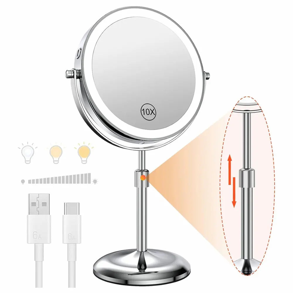 8 Inch Makeup Mirror With Light Lamp 10X Magnification 3 Color Lights - Check It