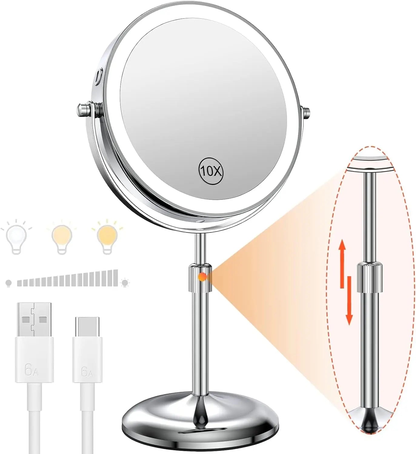 8 Inch Makeup Mirror With Light Lamp 10X Magnification 3 Color Lights - Check It