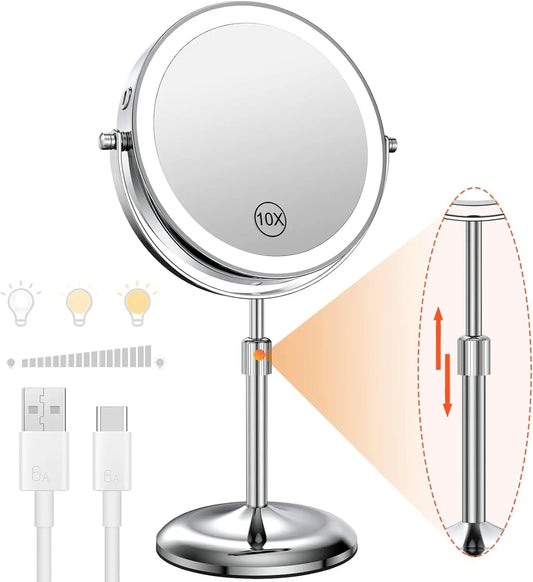 8 Inch Makeup Mirror With Light Lamp 10X Magnification 3 Color Lights - Check It
