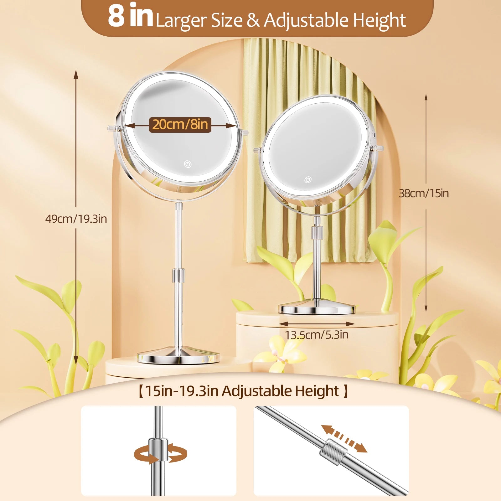 8 Inch Makeup Mirror With Light Lamp 10X Magnification 3 Color Lights - Check It