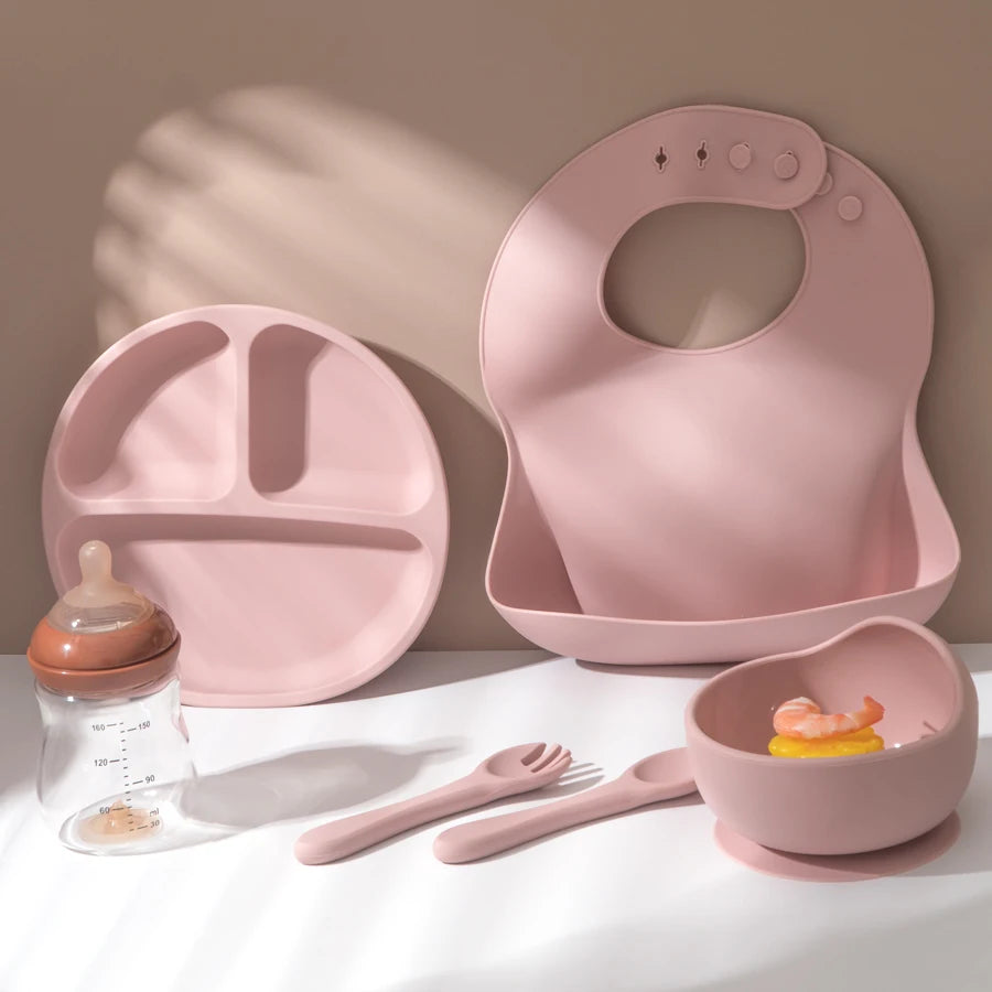 5 Pieces Baby Silicone Feeding Set- Round Dining Plate Sucker Bowl Dishes For Kids- Baby Waterproof Bib Spoon Children's Tableware - Check It