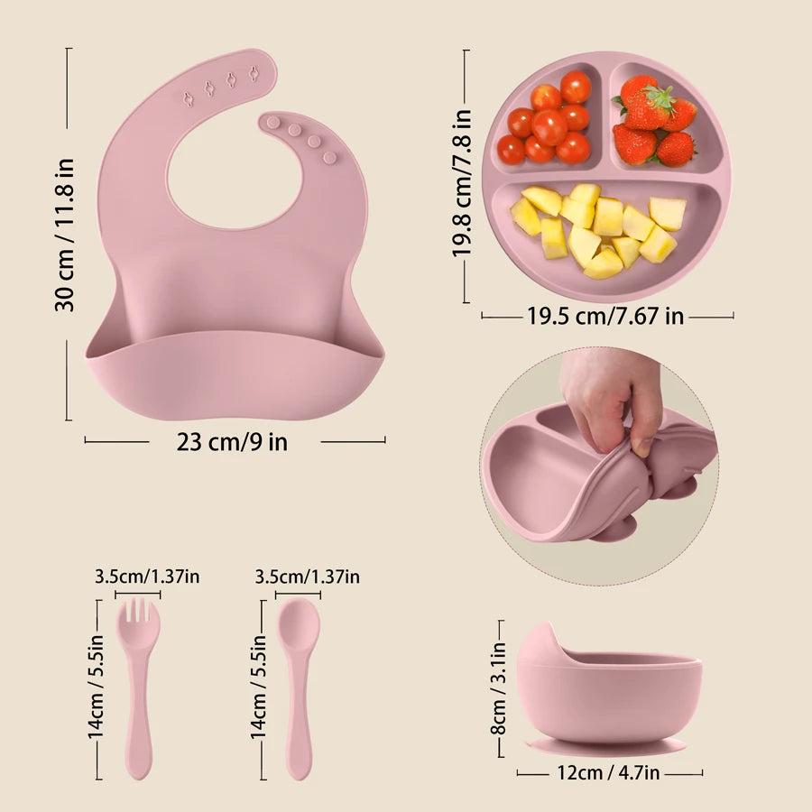5 Pieces Baby Silicone Feeding Set- Round Dining Plate Sucker Bowl Dishes For Kids- Baby Waterproof Bib Spoon Children's Tableware - Check It