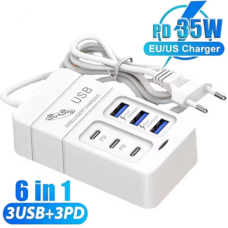 35W 6 Ports USB C Charger PD Quick Charger Station USB Hub Adapter for iPhone Samsung Xiaomi Phone EU US Wall Plug Power Strip - Check It