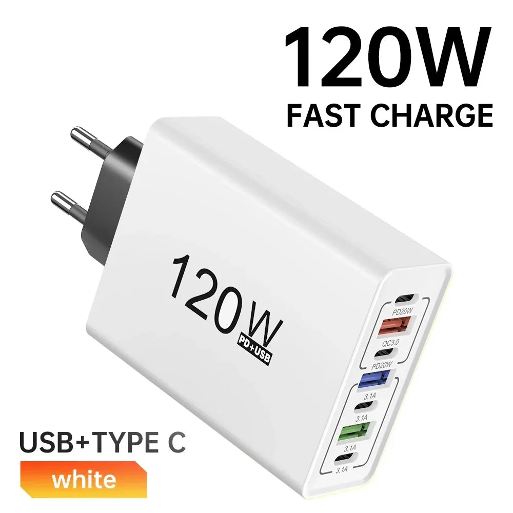 USB C Charger 120W Quick Charge 3.0 Multi Ports Fast Charging Type C Phone Wall Adapter For iPhone 16 Xiaomi Huawei EU/US Plug - Check It