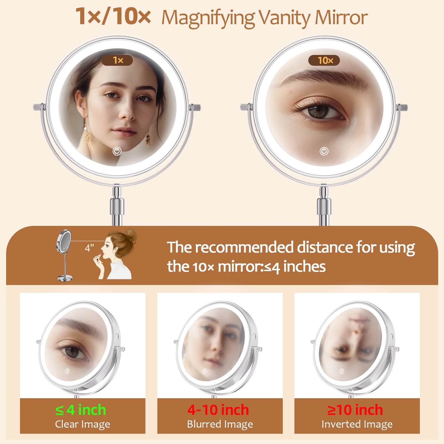 8 Inch Makeup Mirror With Light Lamp 10X Magnification 3 Color Lights - Check It