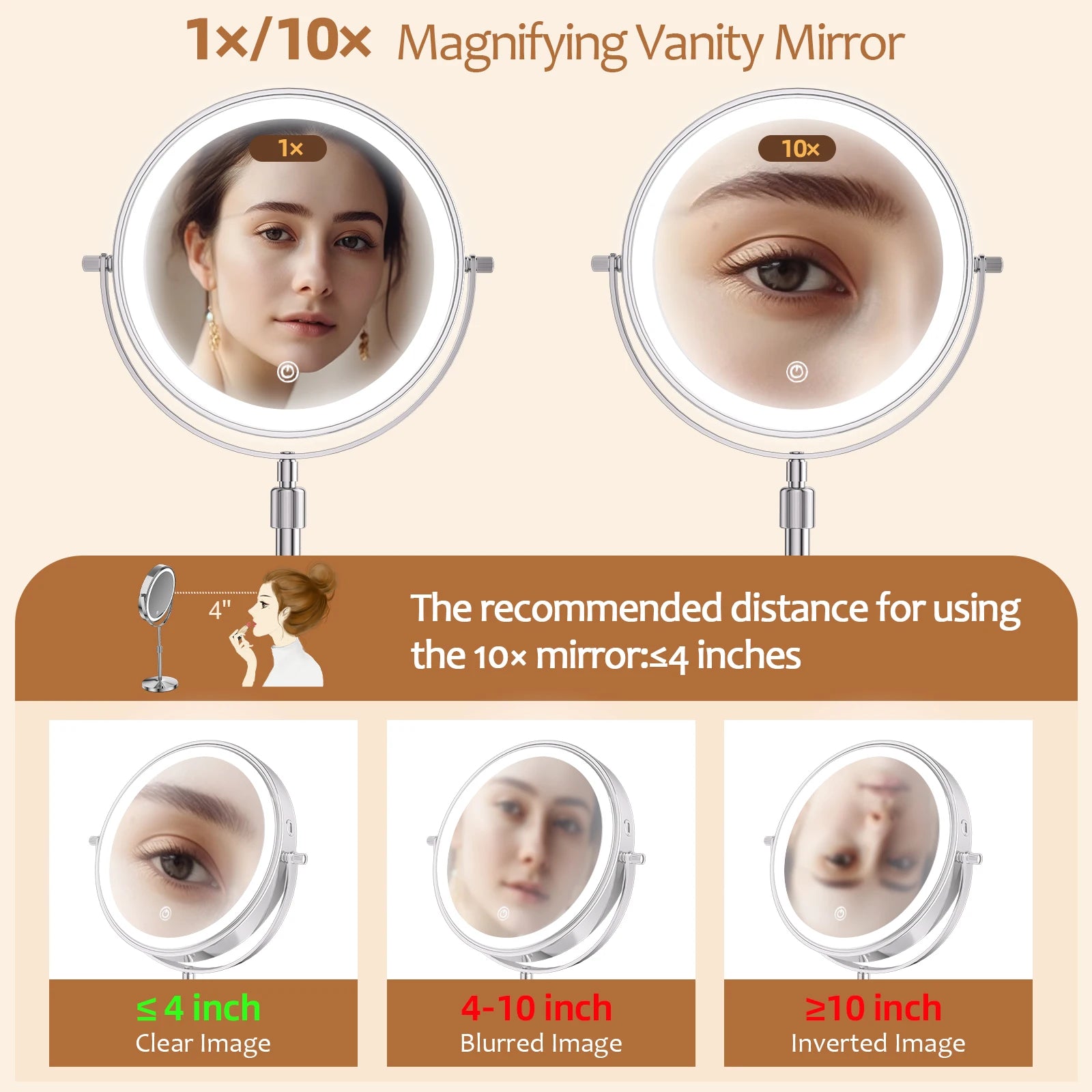 8 Inch Makeup Mirror With Light Lamp 10X Magnification 3 Color Lights - Check It