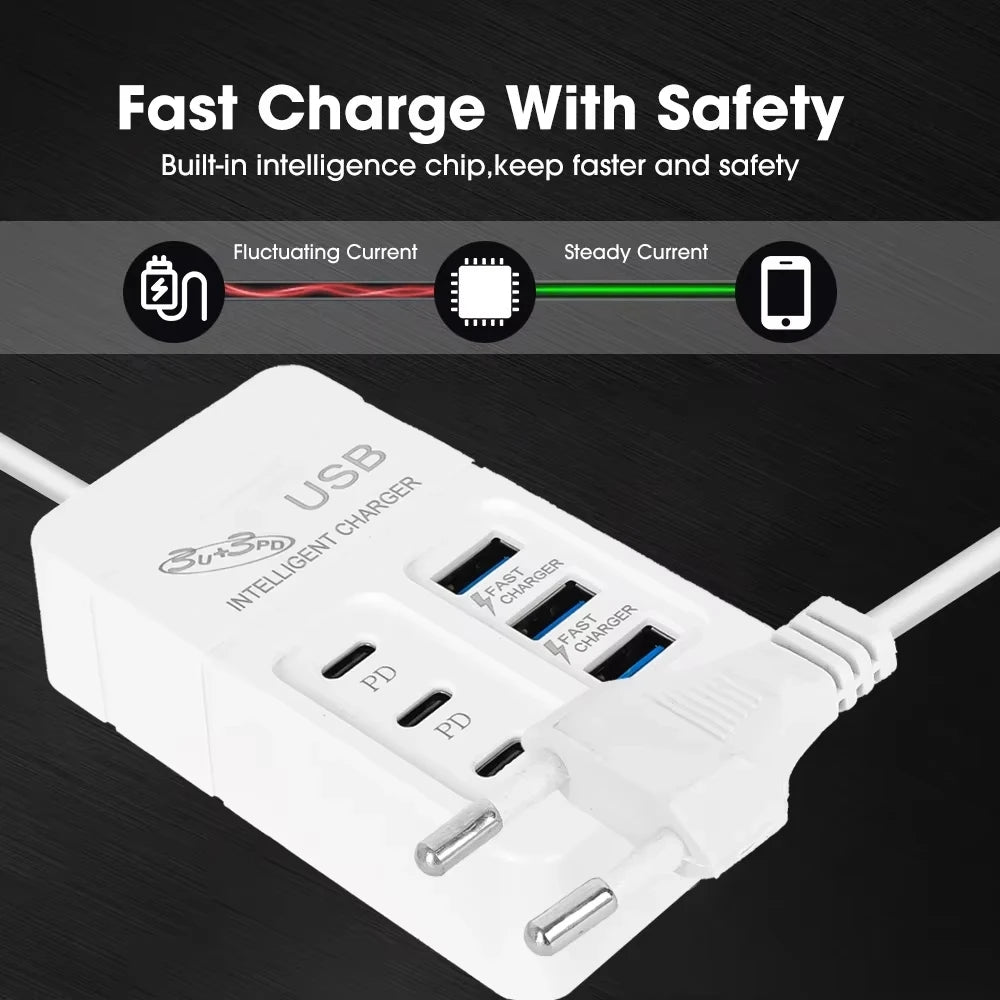 35W 6 Ports USB C Charger PD Quick Charger Station USB Hub Adapter for iPhone Samsung Xiaomi Phone EU US Wall Plug Power Strip - Check It