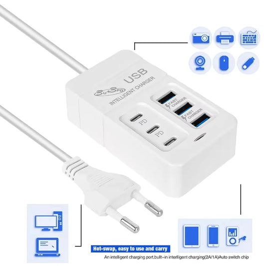 35W 6 Ports USB C Charger PD Quick Charger Station USB Hub Adapter for iPhone Samsung Xiaomi Phone EU US Wall Plug Power Strip - Check It