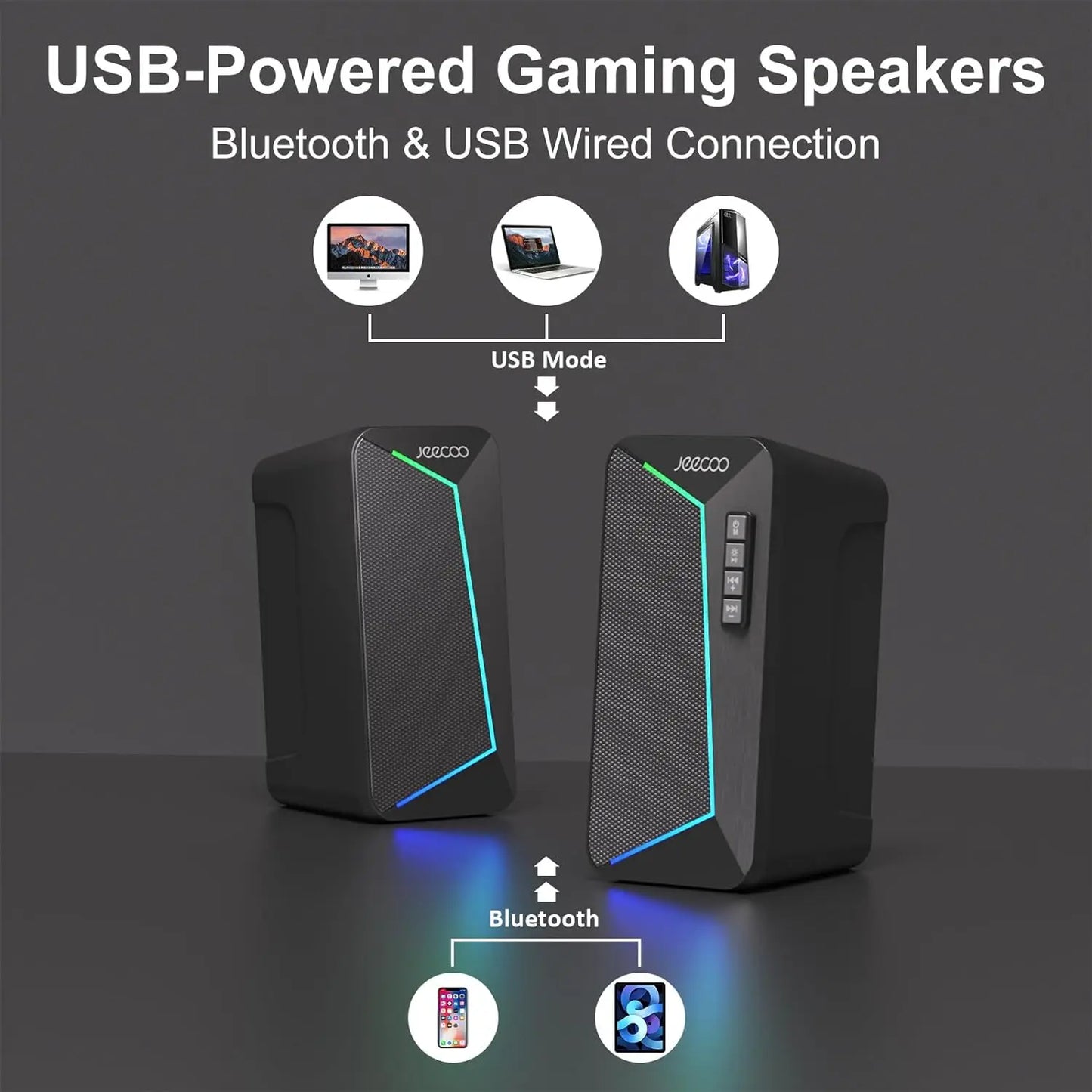 Jeecoo M30 Bluetooth Computer Speakers, PC Gaming Speakers for Desktop with Crisp Stereo Sound,Dynamic LED Modes,10W-USB-Powered - Check It