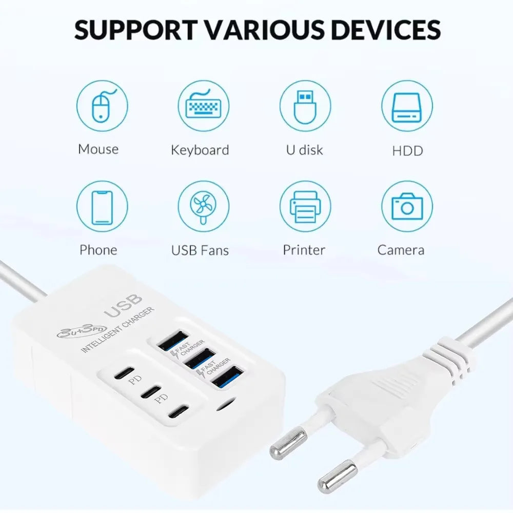 35W 6 Ports USB C Charger PD Quick Charger Station USB Hub Adapter for iPhone Samsung Xiaomi Phone EU US Wall Plug Power Strip - Check It