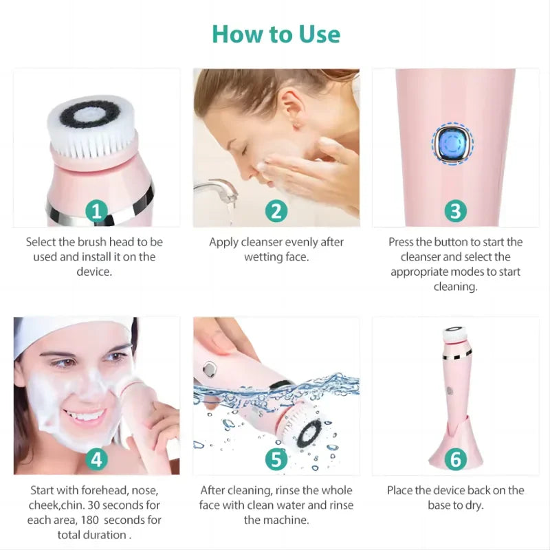 4 in 1 Electric Facial Cleansing Brush Sonic Waterproof Rotate Rechargeable Face Cleaning Device - Check It