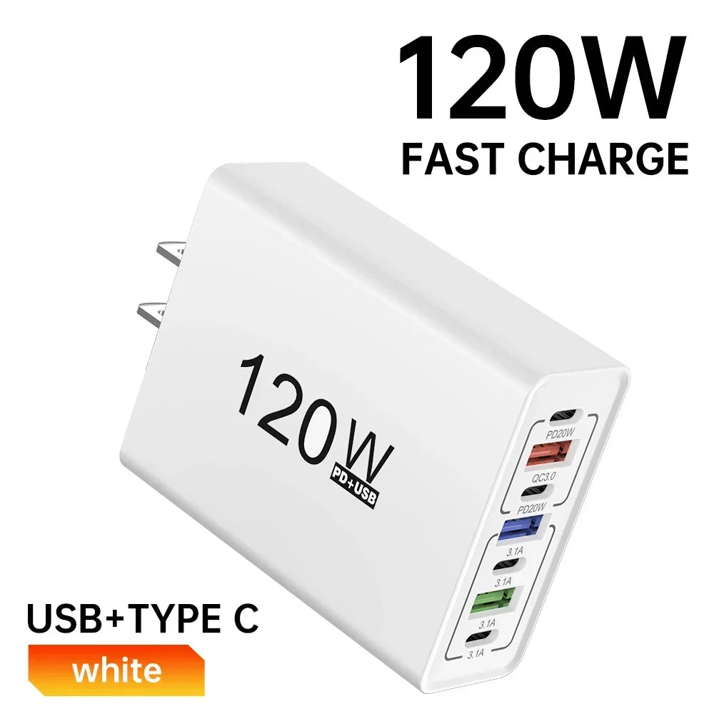 USB C Charger 120W Quick Charge 3.0 Multi Ports Fast Charging Type C Phone Wall Adapter For iPhone 16 Xiaomi Huawei EU/US Plug - Check It