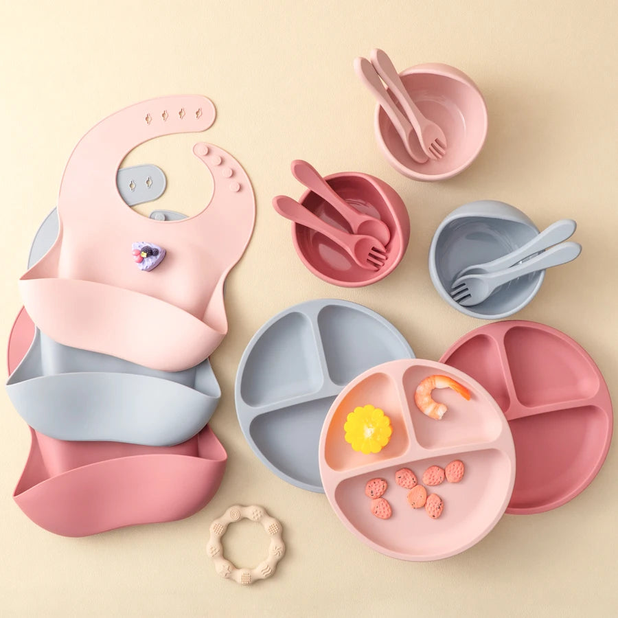 5 Pieces Baby Silicone Feeding Set- Round Dining Plate Sucker Bowl Dishes For Kids- Baby Waterproof Bib Spoon Children's Tableware - Check It