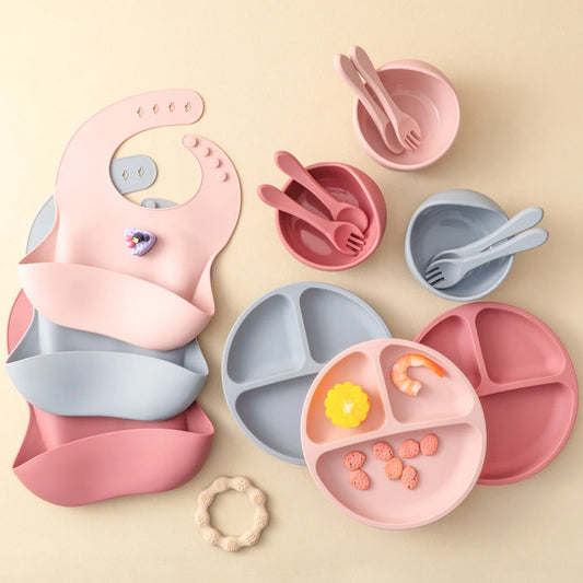 5 Pieces Baby Silicone Feeding Set- Round Dining Plate Sucker Bowl Dishes For Kids- Baby Waterproof Bib Spoon Children's Tableware - Check It