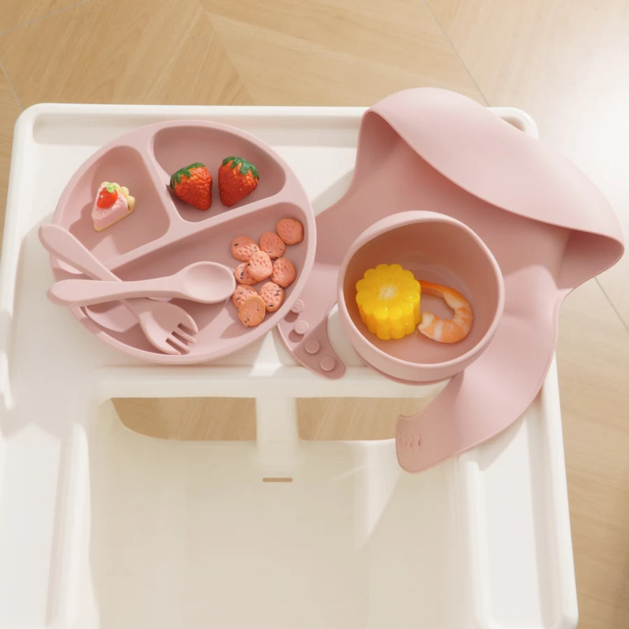 5 Pieces Baby Silicone Feeding Set- Round Dining Plate Sucker Bowl Dishes For Kids- Baby Waterproof Bib Spoon Children's Tableware - Check It