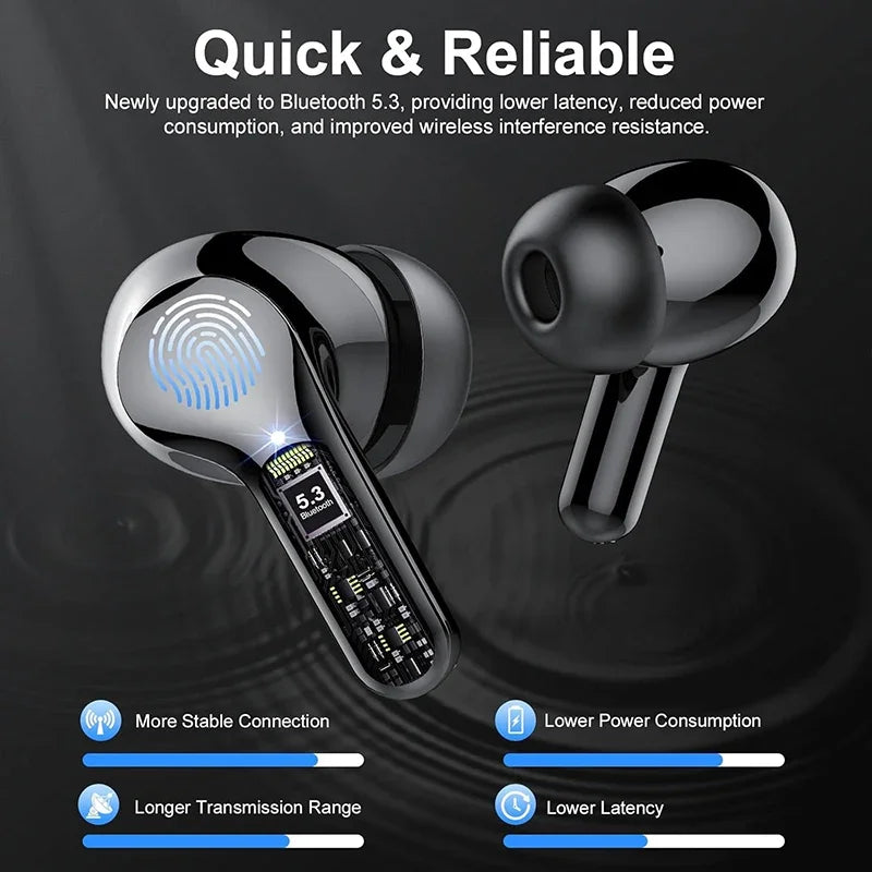 New Wireless Earbuds HiFi Stereo Headphones BT5.3 with ENC Noise Cancelling 48H LED Display Ear Buds IP7 Waterproof Earphones - Check It