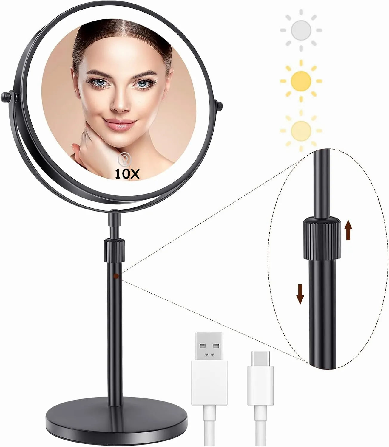 8 Inch Makeup Mirror With Light Lamp 10X Magnification 3 Color Lights - Check It