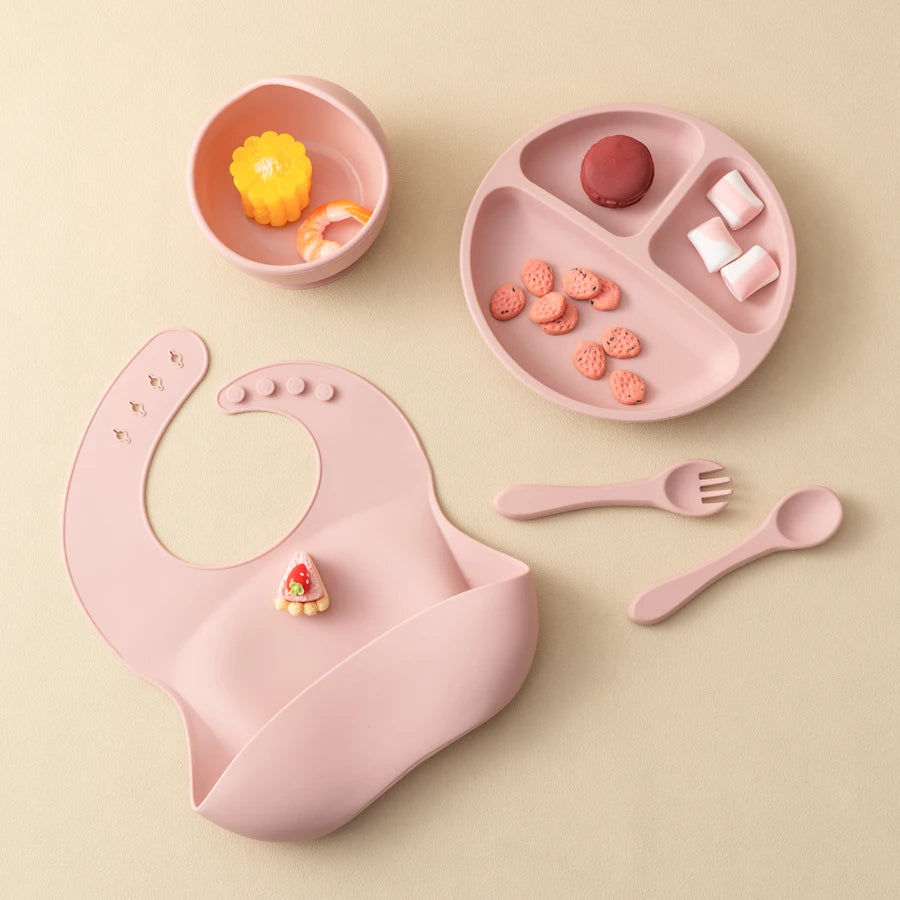 5 Pieces Baby Silicone Feeding Set- Round Dining Plate Sucker Bowl Dishes For Kids- Baby Waterproof Bib Spoon Children's Tableware - Check It