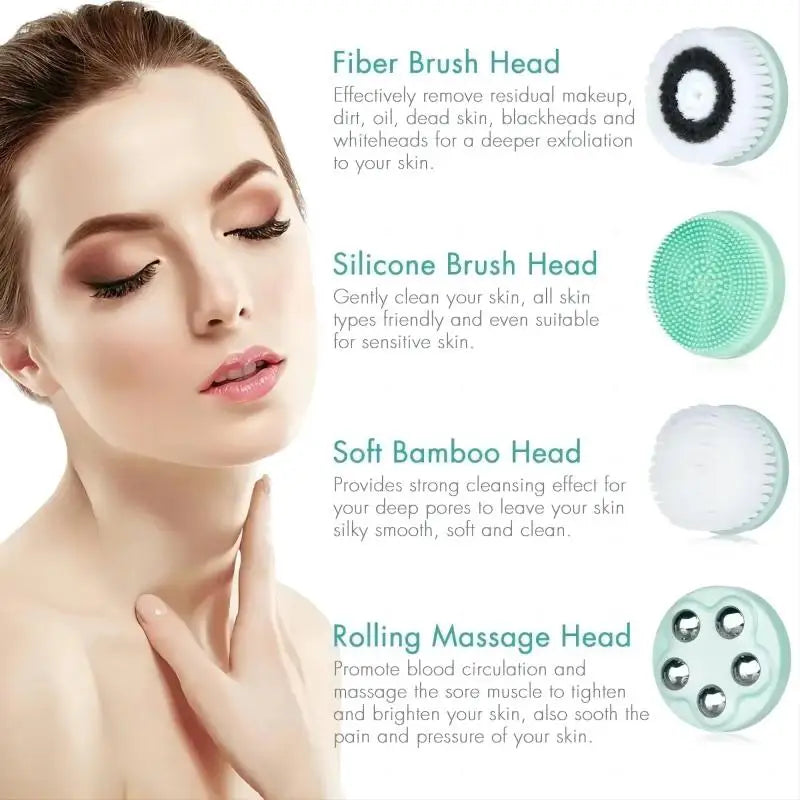 4 in 1 Electric Facial Cleansing Brush Sonic Waterproof Rotate Rechargeable Face Cleaning Device - Check It