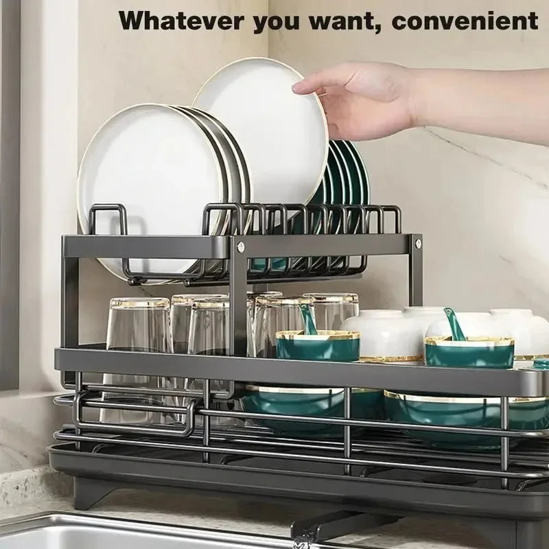 Adjustable Dish Drying Rack &amp; Drainboard Organiser for Kitchen Plates- Over Sink Counter-top- Cutlery Storage with Drain Rack - Check It