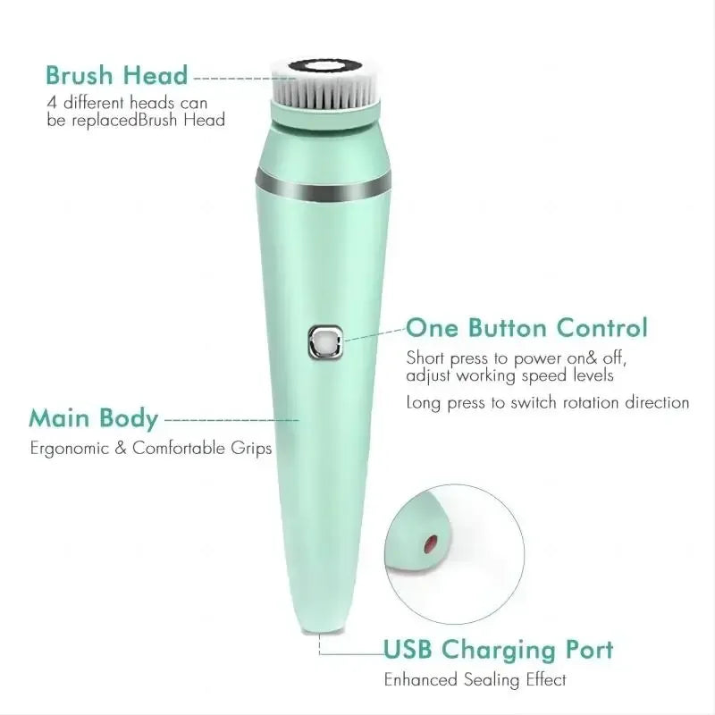 4 in 1 Electric Facial Cleansing Brush Sonic Waterproof Rotate Rechargeable Face Cleaning Device - Check It